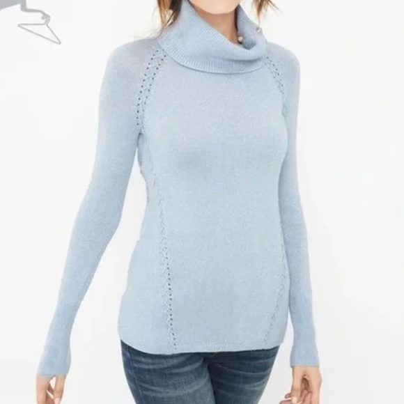 White House Black Market Sweaters - WHBM Light Blue Metallic knit Snap Cowl Neck Sweater lace accent sz xs